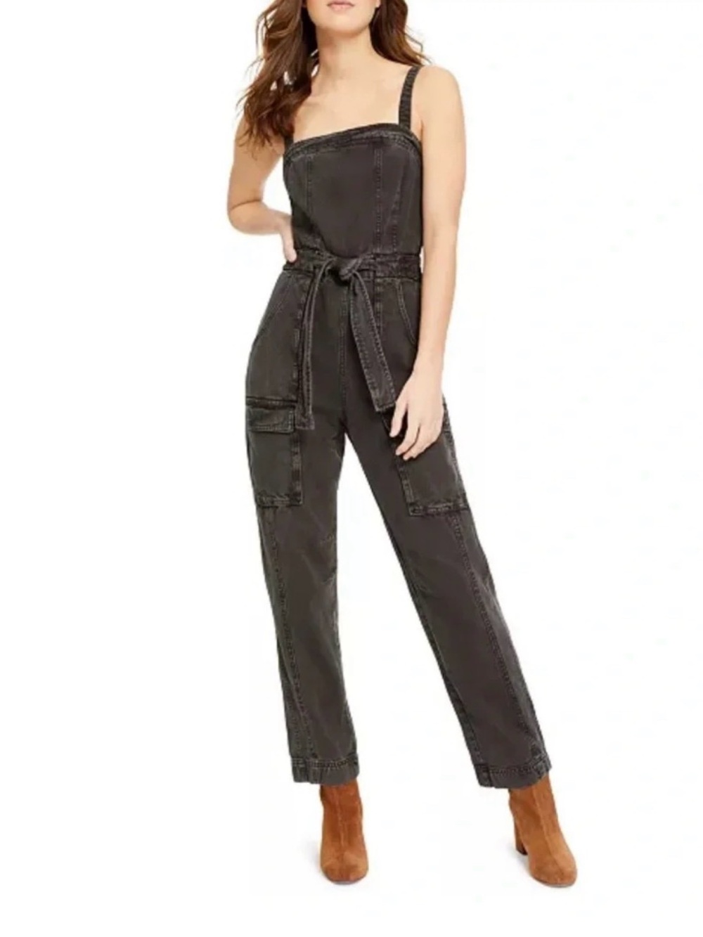 Free People Black Denim Cargo Jumpsuit with Waist Tie